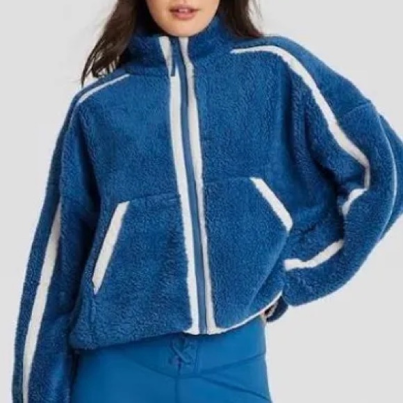 Women's Piped High Pile Fleece Jacket JoyLab Sapphire Blue L Boxy Fit - Picture 1 of 9
